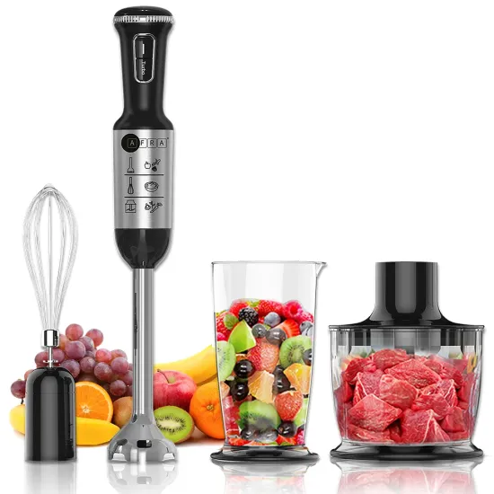 AFRA Japan Hand Blender Set, 1200W, 4 in 1, Stainless Steel, 2 Speed, Black & Silver, Chopper, Whisk, Mixing Cup, GMARK, ESMA, RoHS, And CB, With 2 Years Warranty