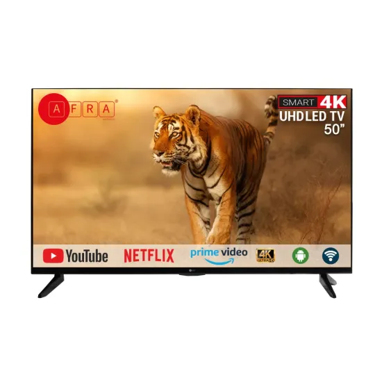 AFRA Japan Smart TV, AF-50114KBK, 50’’, UHD, 4K, Frameless, LED, Android 11, HDMI, USB, VGA, PC & Game Console Connection, Internet, Streaming, Netflix, Hulu, YouTube, Prime Video, 2 years warranty.