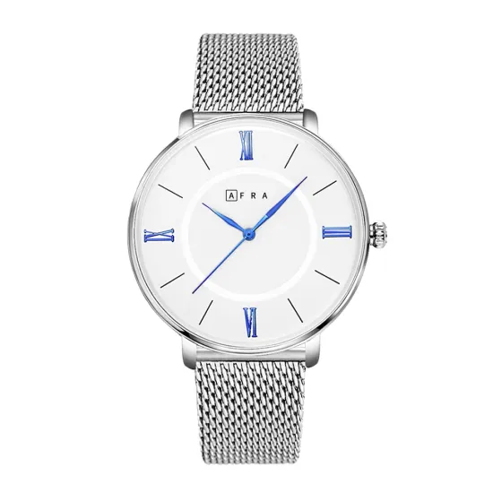 AFRA Ambrose Gentleman’s Watch, Japanese Design, Silver Alloy Case, White Dial, Silver Mesh Bracelet Strap, Water Resistant 30m