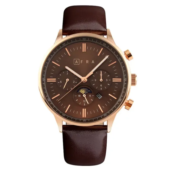 AFRA Crescent Gents Watch Rose Gold Case Brown Dial Brown Leather, Water Resistant 30m