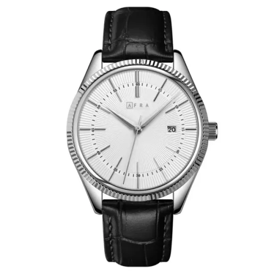 AFRA ELEMENTAL GENTS WATCH SILVER CASE BLACK DIAL BLACK LEATHER