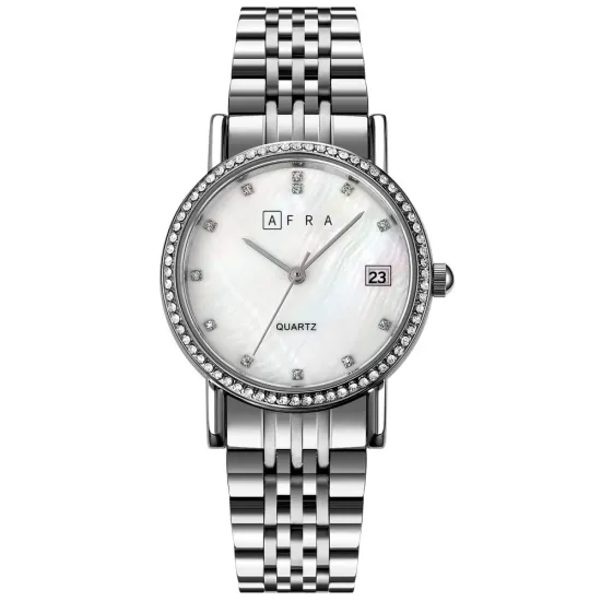 AFRA Calla Lady’s Watch, Silver Metal Alloy Case, White Mop Dial, Silver Bracelet Strap with Latch, Water Resistant 30m