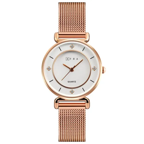 AFRA Shae Lady’s Watch, Rose Gold Metal Alloy Case, White Dial, Rose Gold Mesh Bracelet Strap, Water Resistant 30m