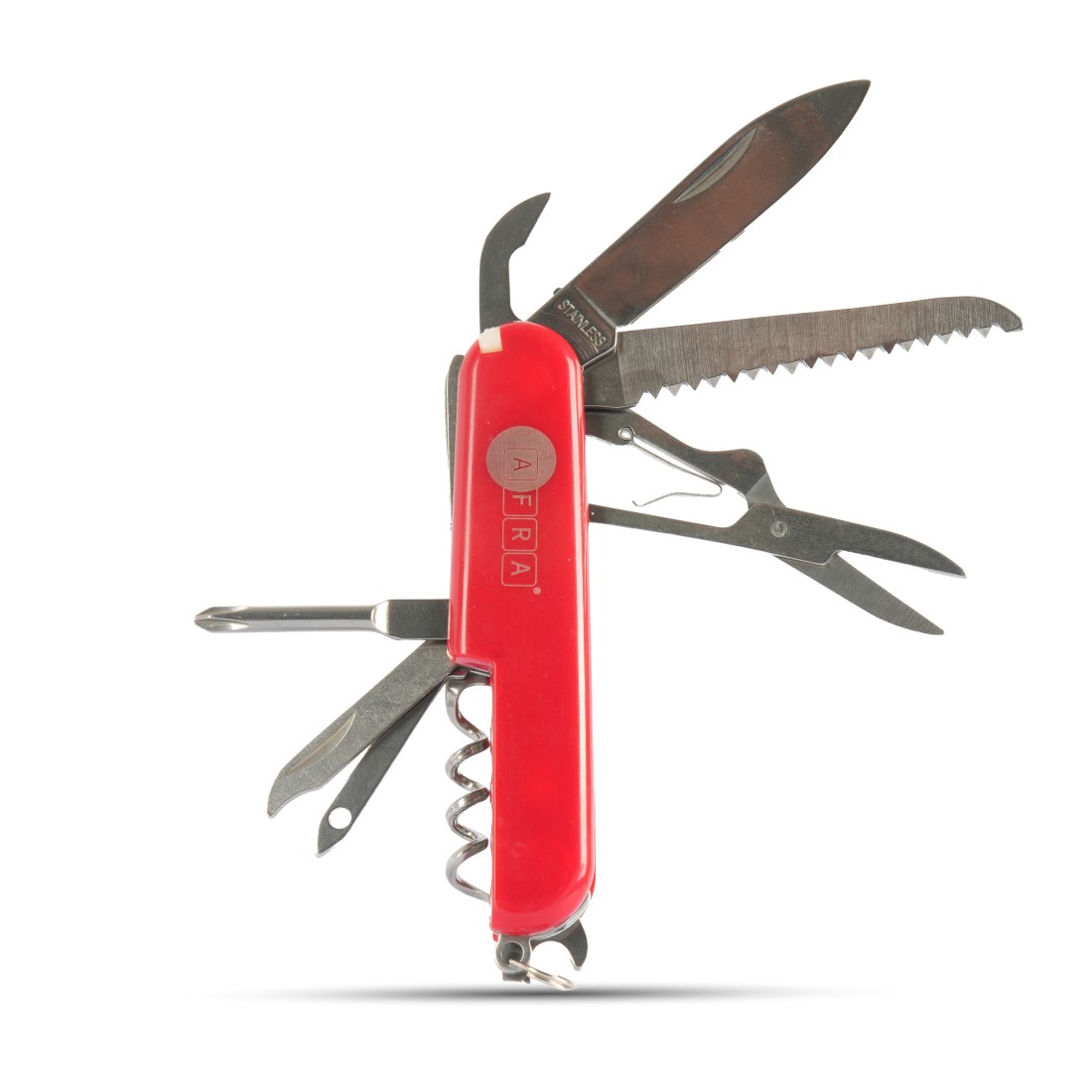 AFRA MULTIFUNCTION KNIFE 9 IN 1 RED 3CR13 STAINLESS STEEL + ABS COVER, MODEL AF003MK