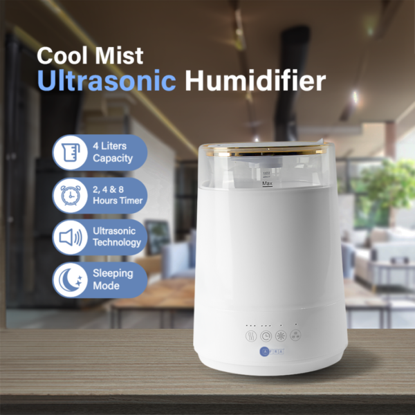 AFRA ultra sonic large humidifier 4 liter, Ultrasonic Technology, 2, 4 & 8 Hours Timer, Ambient Light, Sleeping Mode, 4 Liters Capacity, AF-801UH, 1 Year warranty - Image 2