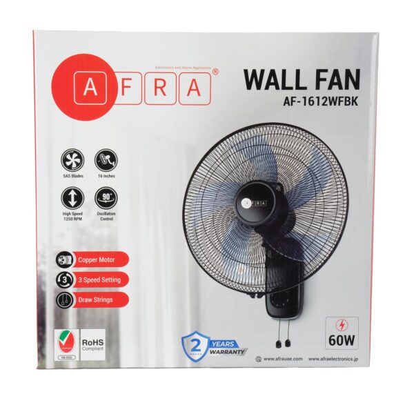 AFRA Wall Mount Fan, 16 Inch, 60w, 5.5m3/min Flow Rate, 90? Oscillation, RPM 1250 with 3 Speed Setting, Black, AF-1612WFBK, 2 Year Warranty - Image 5
