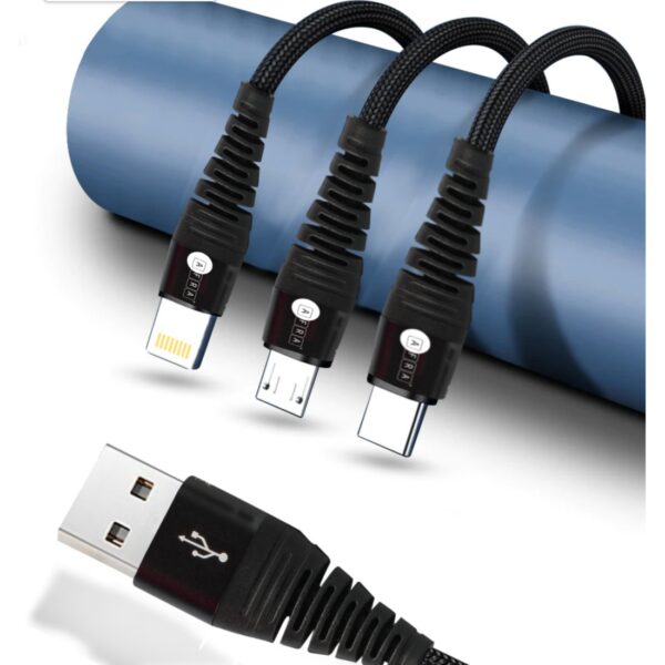 AFRA USB Charging Cable, 2.4A, Nylon-Braided Jacket, With Data Transmission, USB A to Micro-USB + Type C + iPhone connector, 1.2-meter length, Durable, Tangle Free - Image 3