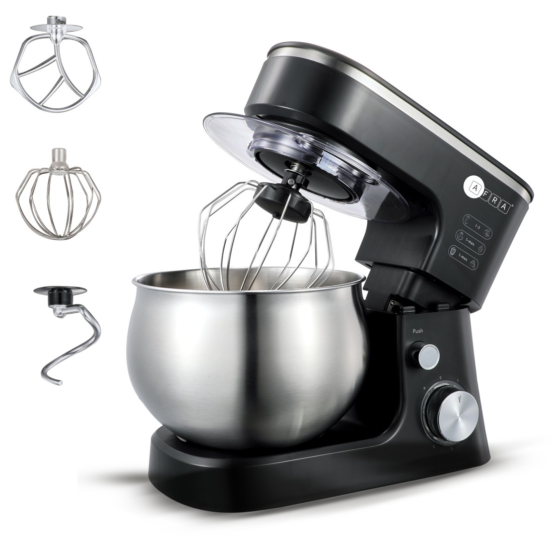 AFRA Stand Mixer, 1200W, 5L Stainless Steel Bowl, 6 Speed, 7635 Copper Motor, Metal Gear Design, Anti-Leaking, Low Noise, Non-Slip Rubber Feet AF-1200SMBK, 2 Year Warranty.