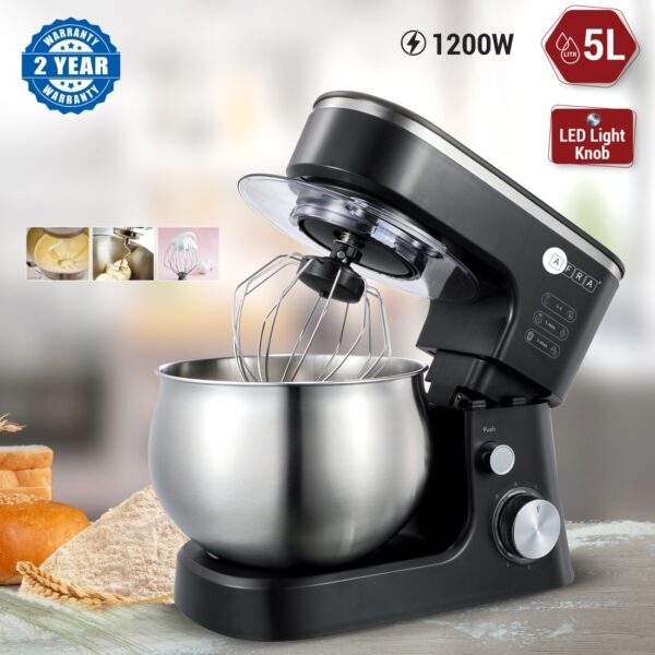 AFRA Stand Mixer, 1200W, 5L Stainless Steel Bowl, 6 Speed, 7635 Copper Motor, Metal Gear Design, Anti-Leaking, Low Noise, Non-Slip Rubber Feet AF-1200SMBK, 2 Year Warranty. - Image 2
