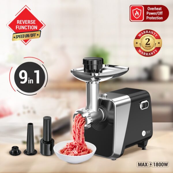 AFRA Meat Grinder, 1800w, 2kg Capacity, Aluminum Construction, Stainless Steel Cross Knife, food storage pusher, kibbeh & sausage attachment, AF-1800MGBK, 2 Year Warranty - Image 2
