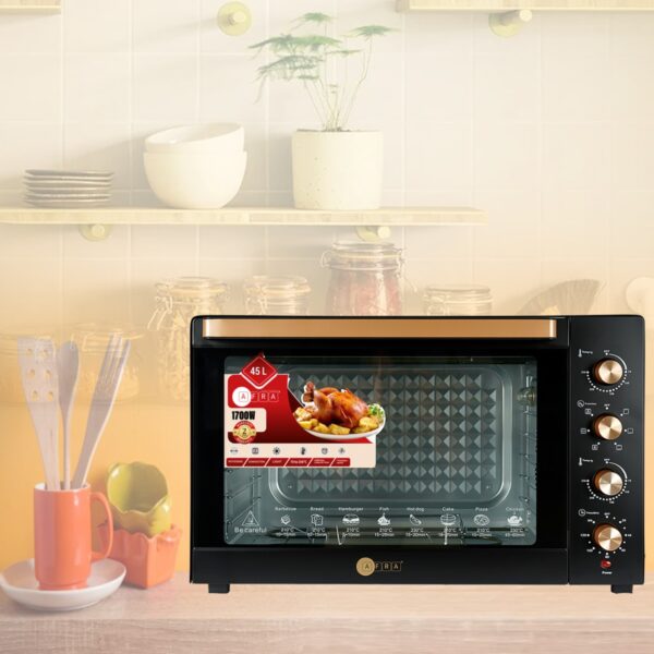 AFRA Electric Oven Toaster, 45L, 1700w Convection Rotisserie & Oven Lamp, 4 Knobs Tray, Rack, Handle, 7-Functions control, Adjustable Thermostat 70 to 250C, AF-4517OTBK, 2-Year Warranty - Image 6