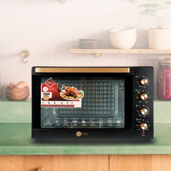 AFRA Electric Oven Toaster, 100L, 2800w Convection Rotisserie & Oven Lamp, 4 Knobs Tray, Rack, Handle, 7-Functions control, Adjustable Thermostat 70 to 250C, AF-1028OTBK, 2-Year Warranty - Image 7