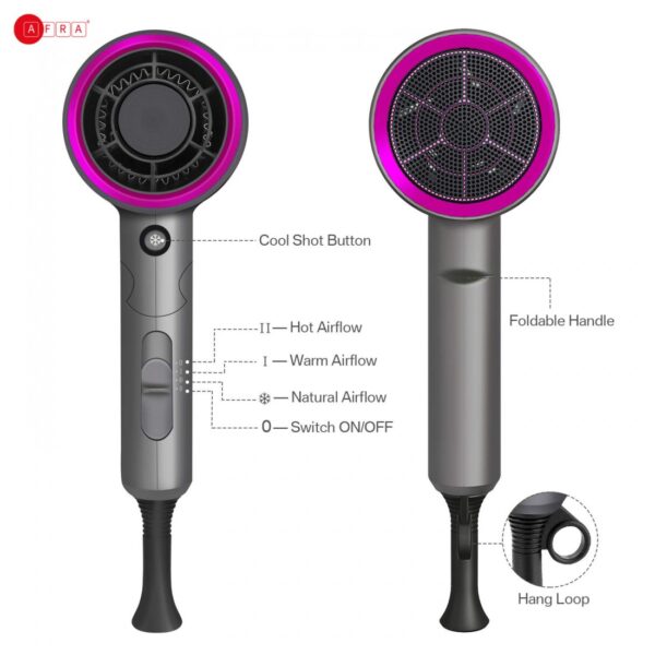 AFRA Hair Dryer 1400W – Ionic, Cool Shot, Foldable, DC Motor, Concentrator – AF-1400HDPG - Image 6