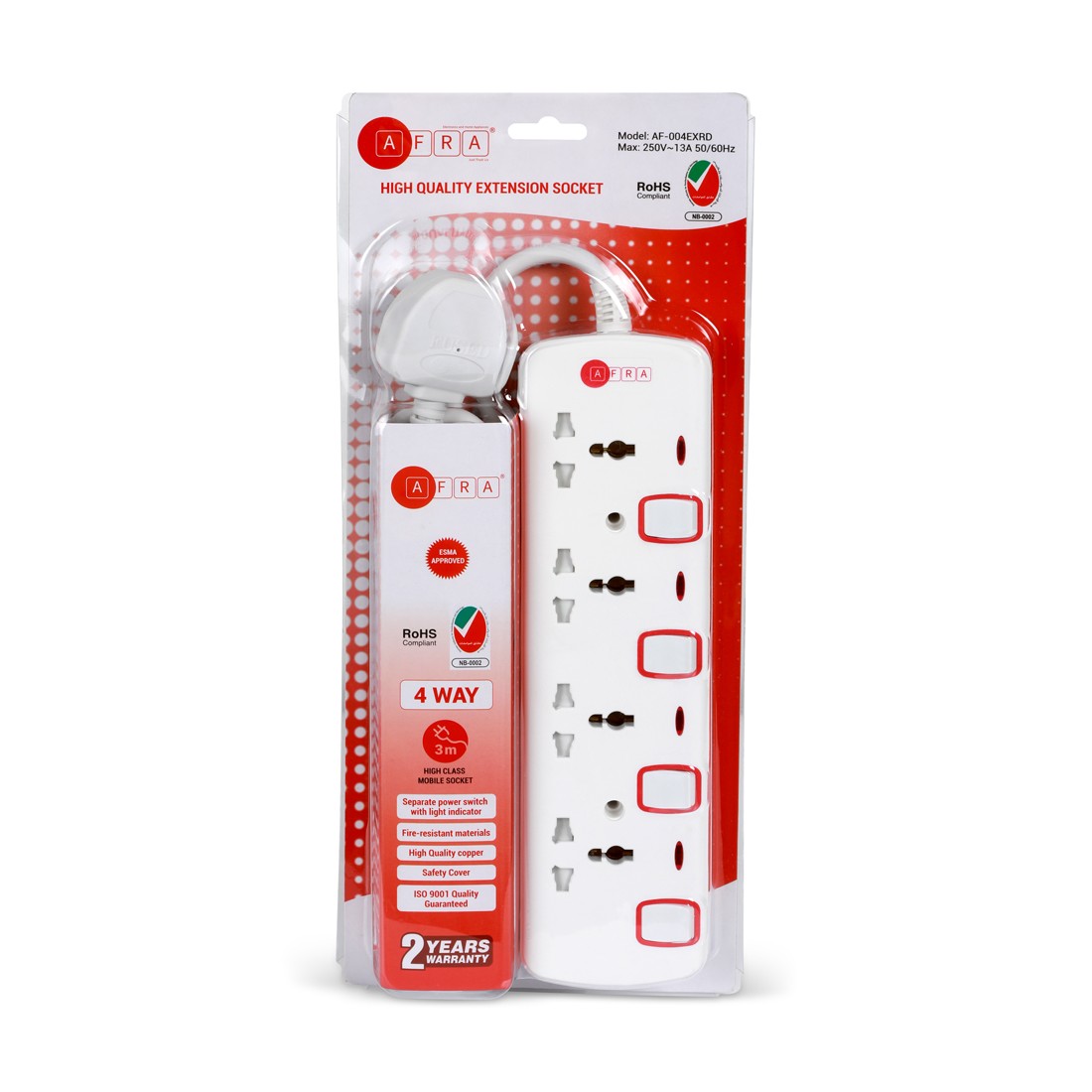 AFRA Japan Universal Extension Cord, 4 Way 3M, 4 Universal Sockets, 3 Meter Cable, Shock proof, 250V, ESMA, ROHS, and CB Certified with 2 Years Warranty