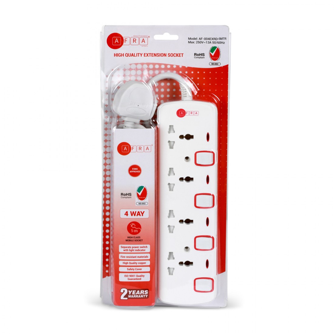 AFRA Extension Cord 5m, 4 Way, 4 Universal Sockets, 5 Meter Cable, Easy Set-Up & Storage, Shockproof, 250V, AF-004EXRD-5MT, with 2 years warranty