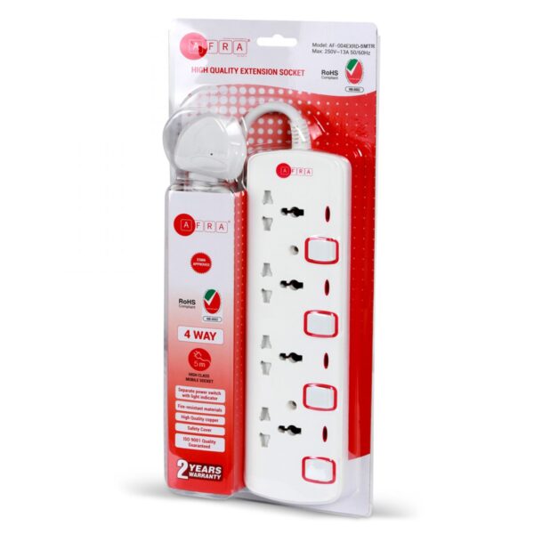 AFRA Extension Cord 5m, 4 Way, 4 Universal Sockets, 5 Meter Cable, Easy Set-Up & Storage, Shockproof, 250V, AF-004EXRD-5MT, with 2 years warranty - Image 2