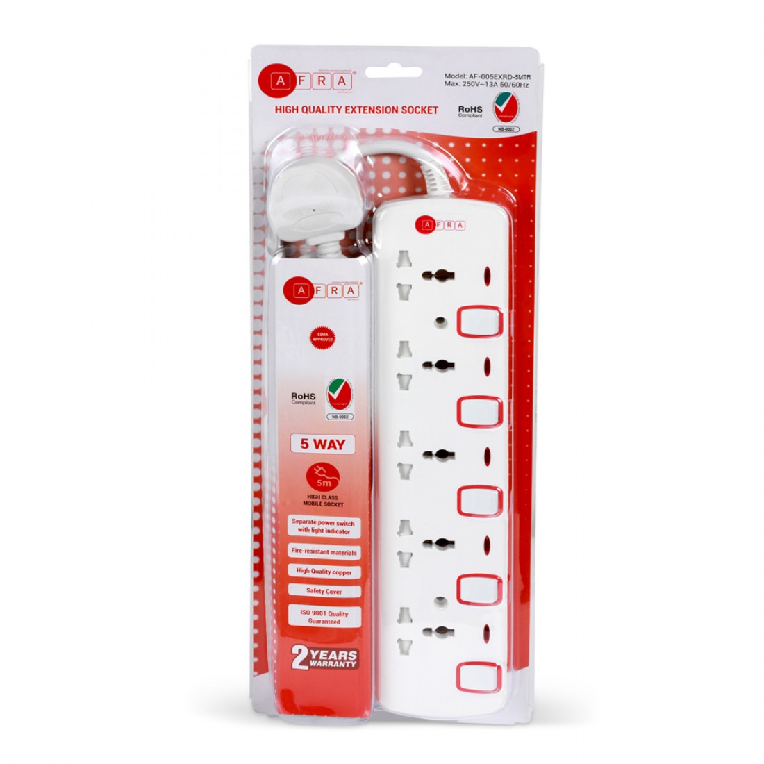 AFRA Extension Cord 5m, 5Way, 5 Universal Sockets, 5 Meter Cable, Easy Set-Up & Storage, Shockproof, 250V, AF-005EXRD-5MT, with 2 Years warranty