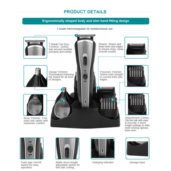 AFRA Hair Trimmer, AF-1600HTSB, 5 in 1 Set, Rechargeable, With Shaver, Precision Trimmer, Nose Trimmer, Design Trimmer and Full Trimmer, Charge Base, AF-1600HTSB, 1-year warranty. - Image 3