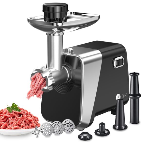 AFRA Meat Grinder, 1800w, 2kg Capacity, Aluminum Construction, Stainless Steel Cross Knife, food storage pusher, kibbeh & sausage attachment, AF-1800MGBK, 2 Year Warranty