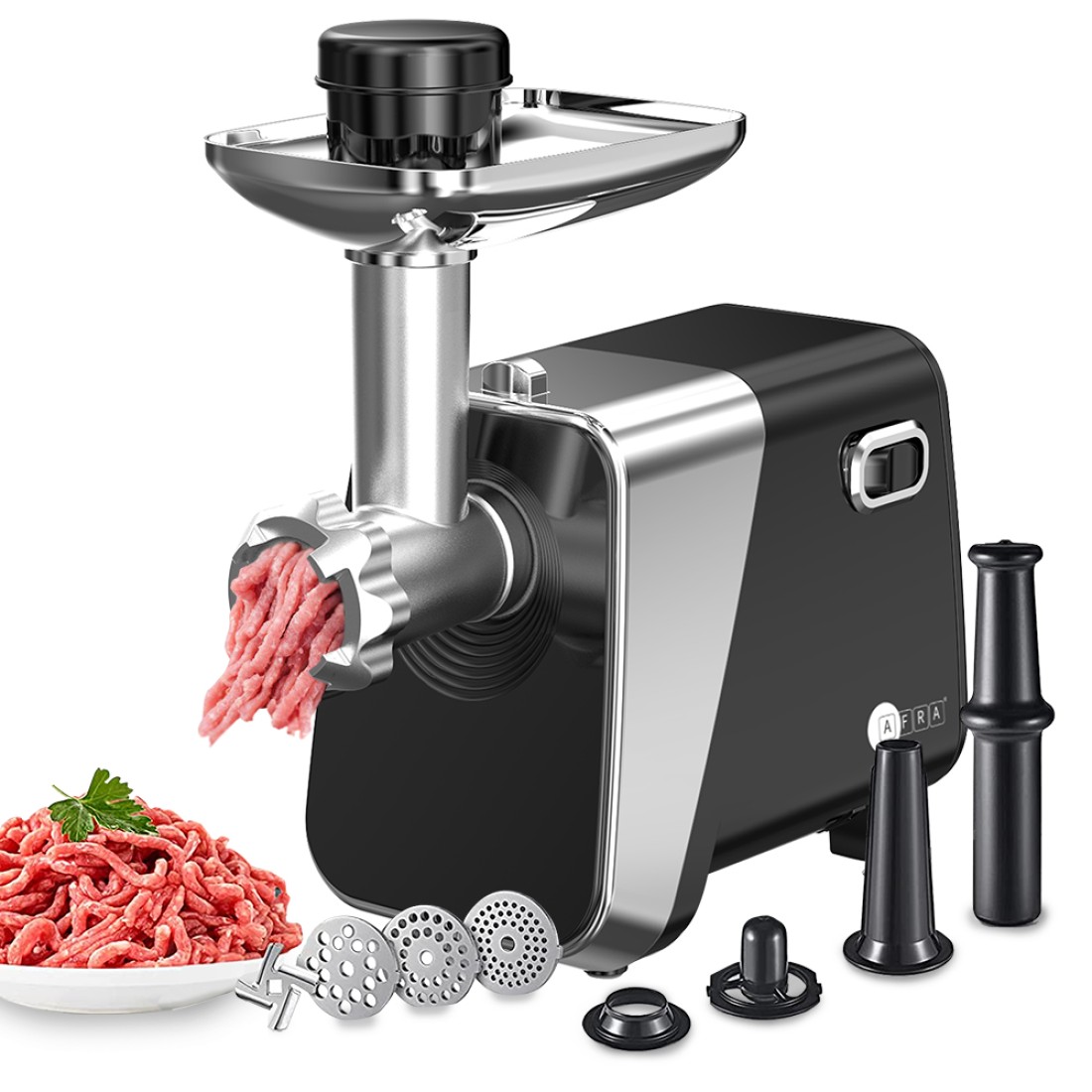 AFRA Meat Grinder, 1800w, 2kg Capacity, Aluminum Construction, Stainless Steel Cross Knife, food storage pusher, kibbeh & sausage attachment, AF-1800MGBK, 2 Year Warranty