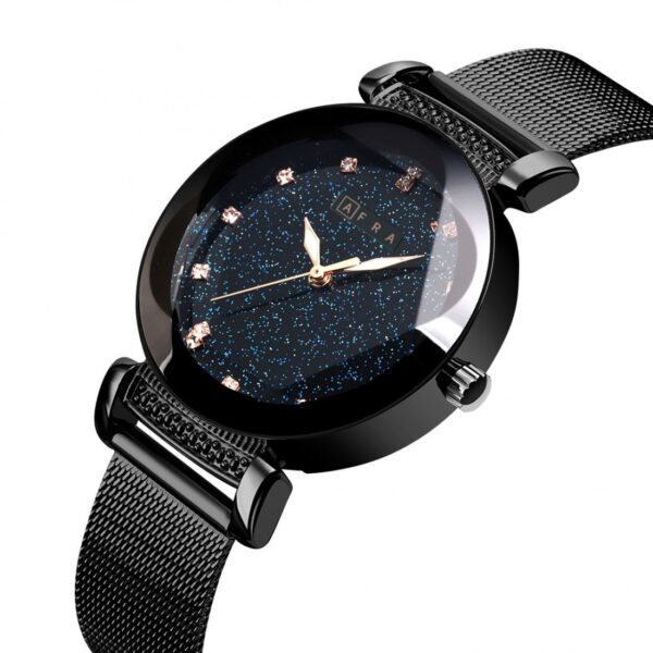 AFRA STELARA LADIES WATCH BLACK CASE BLUE DIAL BLACK MESH BRACELET - Image 2