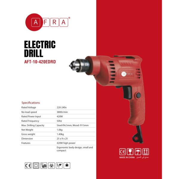 AFRA Electric Drill - Model AFT-10-420EDRD | 420W | 10mm Chuck | Compact Design | 3800 RPM - Image 2