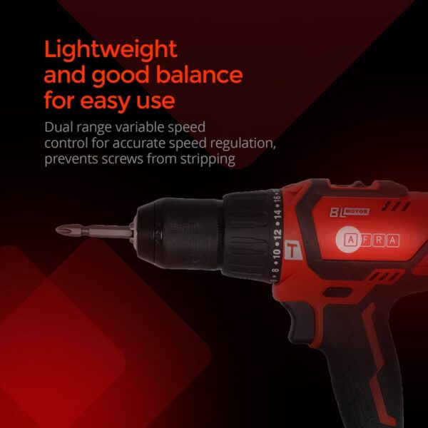 AFRA Cordless Brushless Driver/Hammer Drill, 20V MAX 13MM, 550-2000r/Min No-Load Speed, 60N.M Torque, 22+2 Torque Settings, Mechanical 2-Speed Gear, AFT-13-20CDRD, 1-Year Warranty - Image 6