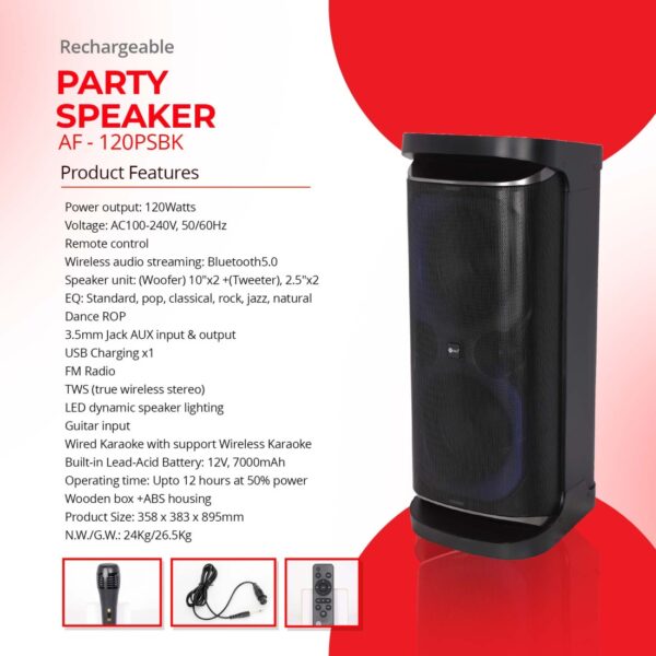 AFRA Party Speaker | 120W Output | LED Lights | Karaoke Mic | 7000mAh Battery | AF-120PSBK - Image 7